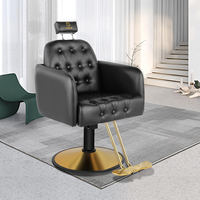 Vente en gros, fauteuil de barbier noir en cuir cabossé avec appui-tête et dossier en métal avec piètement rond doré
