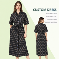 Robe chemise tissée à imprimé géométrique taille naturelle pour femme, personnalisée ODM, boutonnée sur le devant, ceinturée, mi-longue, à manches courtes, style décontracté chic pour l'été