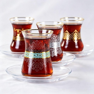Lüks Arap Altın Yaldızlı Türk Tarzı Çevre Dostu Bulaşık Makinesinde Yıkanabilir 125ml/155ml Baskılı Tasarımlı Cam Çay Fincanı ve Tabağı Seti - Product Image 3