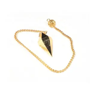 Péndulo dorado de espiga piramidal, Ágata curativa de Metal, Feng Shui, cristales Hanifa para uso religioso, cadena larga chapada, 7903232