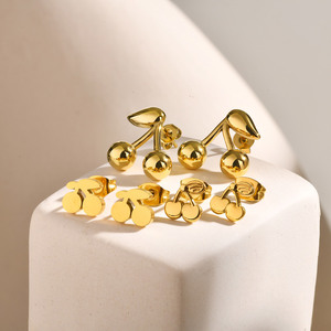 18K PVD Gold Cherry Stud <b>Earrings</b> | Stainless Steel <b>Cute</b> Fruit <b>Earrings</b> for Women & Girls | Durable Hypoallergenic & Waterproof - Product Image 1