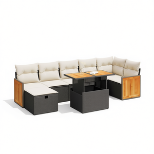 Ensemble de canapés de jardin en rotin noir 6 places avec rangement, mobilier d'extérieur au design contemporain, panneaux en teck - Product Image 1