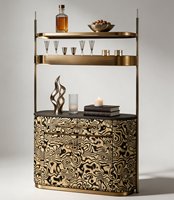 Meuble Bar Autonome pour la Maison, Vitrine de Rangement à Vin en Bois Massif avec Éclairage LED et Cadre Métallique Bronze Brossé pour Villa