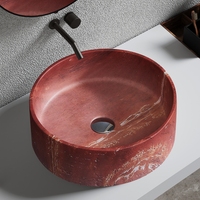Lavabo de salle de bain rond en pierre artificielle de style américain rétro, en travertin rouge, avec comptoir personnalisé