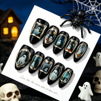 Faux ongles à presser noirs minimalistes, style rétro doré, tendance fantôme, forme amande, mignons, best-sellers d'Halloween