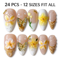 Vente en gros de faux ongles en amande avec fleurs 3D de luxe, papillon doré, perles, pour femmes, manucure