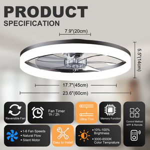 23.6'' Modern Flush Mount <b>Fan</b> Lamp, 6 <b>Fan</b> Speeds, Dimmable Brightness, 3000K-6500K Color Temperature for bedroom living room - Product Image 2