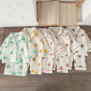 Çocuk pijamaları ayı baskılı pamuk ipliği ev takım elbise bahar sonbahar erkek kız iki parçalı giysi üst + pantolon çocuk ev takım elbise - Product Image 4