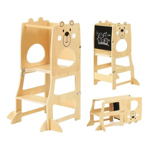 Solid Wood Foldable Height Adjustable <b>Step</b> <b>Stool</b> For Kids With Bear Design And Chalkboard Feature - Product Image 1