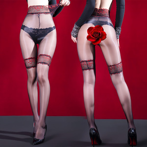 Ultra Thin Glossy Lace Trimmed Faux Two Piece Stockings With Aurora Effect Open Crotch Design For Women Nightclub Clubbing - Product Image 3