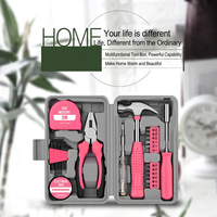 Ensemble d'outils ménagers roses avec pinces, tournevis, ruban à mesurer, clés hexagonales, marteau pour usage domestique