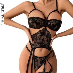 Chuangerm In Stock 2024 New Fashion Seductive Lingerie Sexy Hollow Out Perspective Lace Shaping Black Women's Lingerie