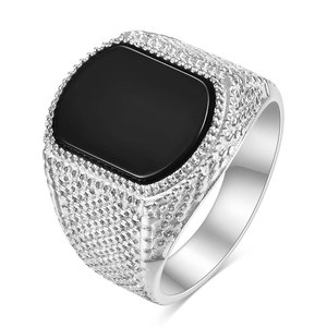 Bague géométrique pour homme en acier noir avec pierre, 12 mm, sertissage clos en or, bijou tendance, cadeau - Product Image 5