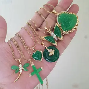 green jade jewelry stainless steel hip hop rope chain donut butterfly heart dragonfly cross pendant jade necklace