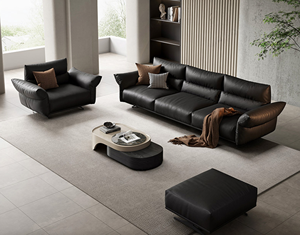 Divano Nero di Alta Gamma in Stile Minimalista per Soggiorno, Divano in Vera Pelle, Flessibile, con Seduta Lineare - Product Image 1