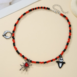 Gothic Beaded Necklace Red Black <b>Skeleton</b> Bat Spider Charm Halloween Party Jewelry Choker Chain - Product Image 3