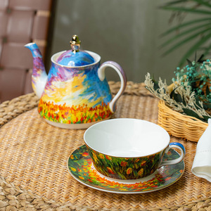 Oil Painting Tulip Bone China Tea <b>Set</b> - French Pastoral Gold Rim <b>Teapot</b> with Cup - Product Image 4