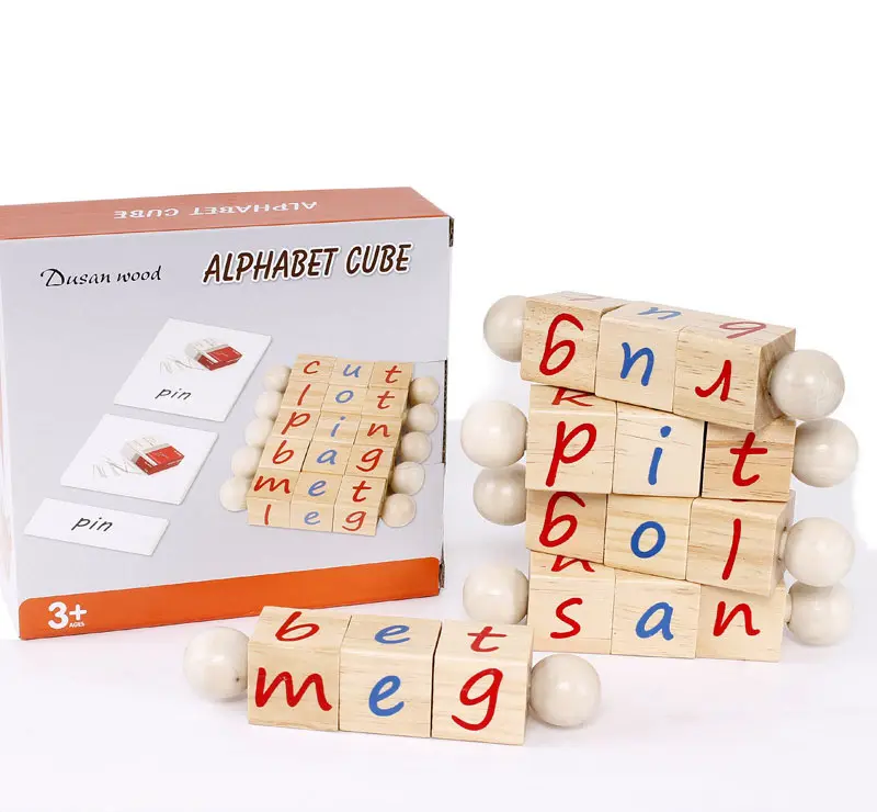 Jeu de blocs de lecture et de cartes, Puzzle en bois éducatif, épelage de lettres, cube magique, jeux avec cartes d'étude