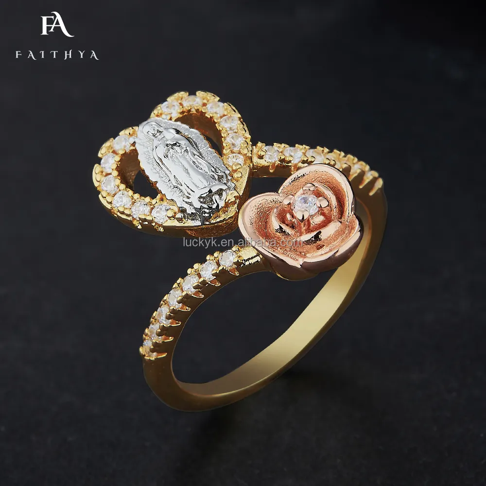 FR0023 Custom Women Rose Flower Crystal Christian Jewelry Oro Laminado Heart Shape 18K Gold Virgin Mary Rings