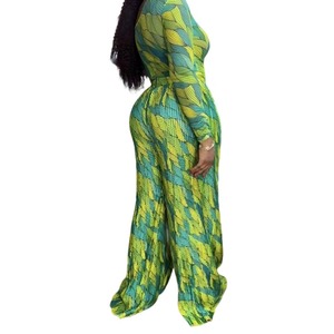 ชุดเซ็ต 2 ชิ้น เสื้อแขนยาวคอเฉียงพิมพ์ลาย กางเกงขายาวจีบพลีท แฟชั่นสำหรับผู้หญิง - Product Image 2