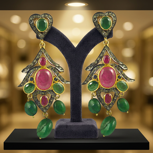 Vintage Women's Gold Plated Jade Ruby Drop Earrings Heart Shape Bezel Setting Party Jewelry Alloy Fashion Earrings - Product Image 1