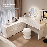 Coiffeuse de chambre en bois massif de style minimaliste moderne avec tiroirs de rangement intégrés, miroir éclairé accessible en coin, gain de place