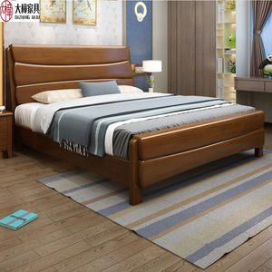 Lit double en bois massif 1,5m 1,8m avec rangement, lit de mariage pour chambre principale, meubles en bois d'hévéa, entièrement en bois massif - Product Image 1