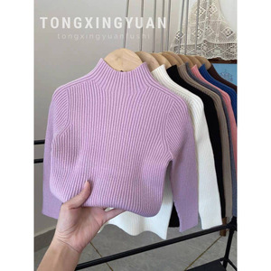 Tongxingyuan Girls Sweater Half High Neck Solid Color Cotton Knitwear Autumn Winter <b>Base</b> <b>Layer</b> Top - Product Image 1
