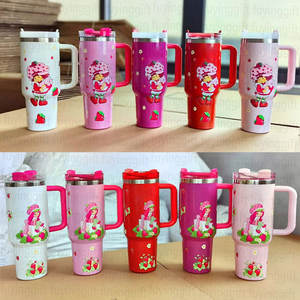 Venta al por mayor: Vaso térmico de acero inoxidable de 40 oz con diseño de fresa de dibujos animados para niñas, con asa y tapa con pajita. - Product Image 5
