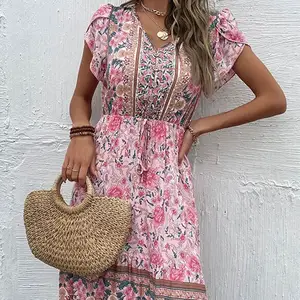 Oliday-vestido playero con estampado floral para mujer, ropa informal con cuello de pico, estilo bohemio de verano