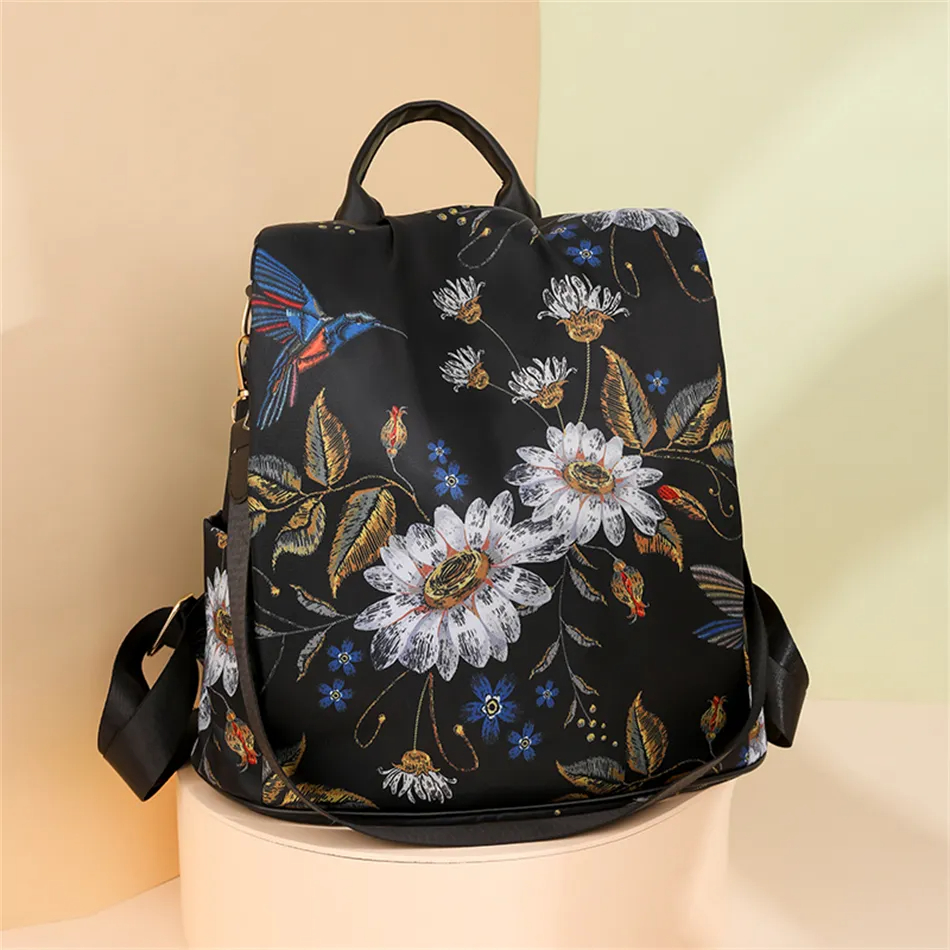 White Floral Backpack Lightweight Nylon School Bag