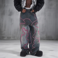 Nouveau style tendance : Pantalon en jean gris électrique coupe droite pour homme, délavé et déchiré, coupe ample et large, long.