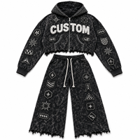 Ensemble 2 pièces OEM vintage délavé à l'acide, sweat à capuche et pantalon de survêtement, style streetwear et mode outdoor, avec strass, pour homme