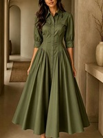 Robe chemise élégante pour femme à col pointu, manches bouffantes mi-longues, boutonnée sur le devant, taille ajustée, jupe évasée mi-longue, idéale pour le bureau