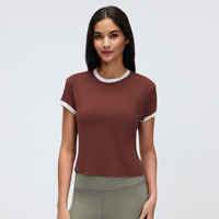 Top Deportivo Corto Transpirable con Ribete en Contraste, Cuello Redondo, Manga Corta, para Correr, Gimnasio, Entrenamiento, Ropa Deportiva al por Mayor, Top de Yoga para Mujer