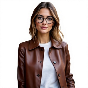 <b>Brown</b> <b>Women's</b> Trucker <b>Jacket</b> Faux <b>Leather</b> Turn Down Collar Single Breasted Autumn <b>jacket</b> <b>Women's</b> Genuine Cowhide <b>Leather</b> - Product Image 6