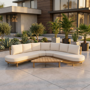 Modern Minimalist Teak Outdoor Sectional Garden Sofa <b>Set</b> with Cushions and Coffee Table for Poolside Use - Product Image 2