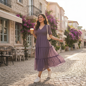 Robe midi en mousseline violette à col en V, manches courtes, à volants, coupe trapèze, décontractée, d'été, pour femme, taille empire, couleur unie - Product Image 1