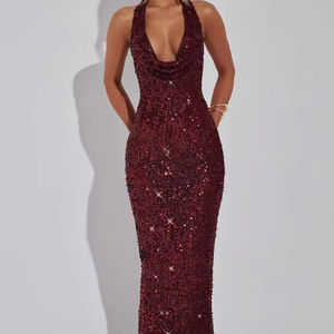 Coquette brillant paillettes robe femmes licou écharpe + Sexy col en v profond dos nu sans manches froncé ruban Club Hottie tenues - Product Image 5