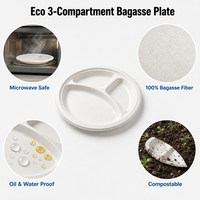 Assiette Compostable Populaire à 3 Compartiments en Bagasse de Canne à Sucre pour Repas Scolaires et Restauration Rapide