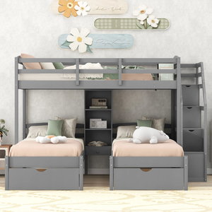 Letto a Castello Triplo con Scale, Letto a Soppalco Twin per 3, Letto a Castello in Legno con Scala Integrata e Cassettino per Bambini e Ragazzi - Product Image 1