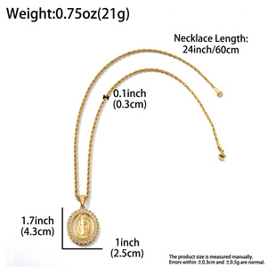 Collar con Colgante de Cuerda Trenzada de Acero Inoxidable con Baño de Oro de 18K, Antideslustre, Unisex, con Zirconia Ovalada y Virgen María, Venta al por Mayor - Product Image 6