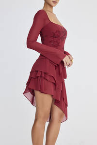 2024 Long Sleeve Lady Elegant Corset High Slit Chiffon Gown Mini Prom Rhinestone Ruby Crystallised <strong>Hanky</strong> <strong>Hem</strong> Evening <strong>Dress</strong> Women - Product Image 3