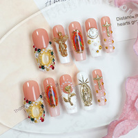 Faux Ongles de Luxe Réutilisables en Acrylique de Haute Qualité, Faits Main, Longs, Couverture Complète, Motif Croix d'Ange 3D, Vente en Gros