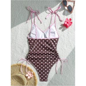FOXA Women's One Piece Swimsuit Polka Dot V <b>Neck</b> <b>Tie</b> Strap Monokini Swimwear Stretch Drawstring - Product Image 3