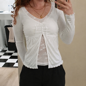 Women's White Lace <b>Mock</b> Two Piece Long Sleeve T-Shirt V-<b>Neck</b> Side Split A-Line Loose Fit Fall New Casual Blouse <b>Top</b> - Product Image 4