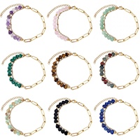 Bracelet en acier inoxydable doré avec chaîne trombone et perles en pierre en forme de cœur, double couche, réglable, avec pierres précieuses