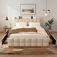 Multifunktionales Polsterbett mit App-gesteuertem LED-Beleuchtungssystem, Integrierter Stromanschluss und Rollbarem Unterbett-Korb