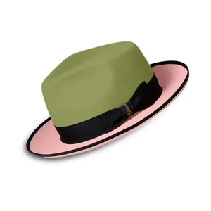 Olive Green pink Wool Fedora <b>Hat</b> With Black <b>Band</b> Unisex Adult Casual Spring Autumn Formal Style - Product Image 2