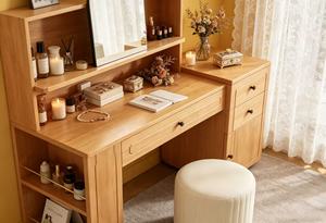 Scandinavian Beech Wood Makeup <b>Vanity</b> With Flip Top <b>Mirror</b> Storage Cabinet Bedroom Dressing <b>Table</b> - Product Image 4